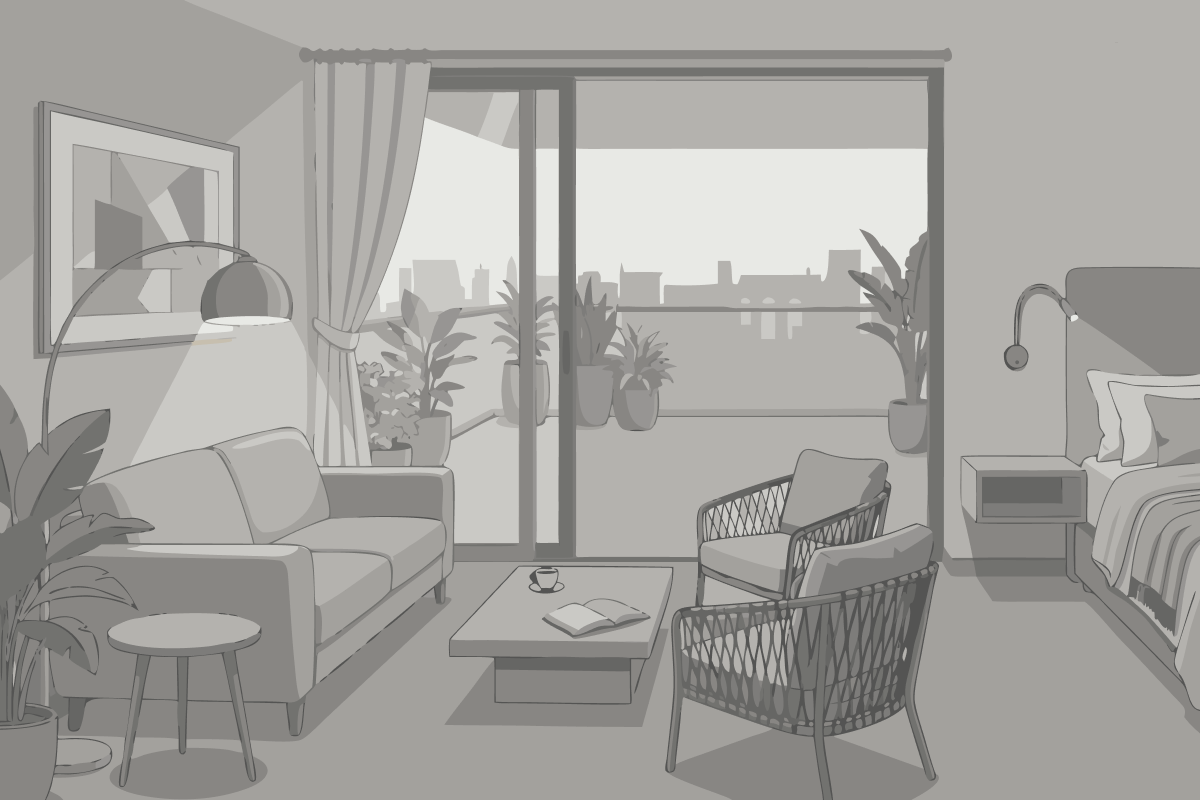 Suite Esquinera de 1 dormitorio con cama extragrande, sofá cama y vistas a la ciudad